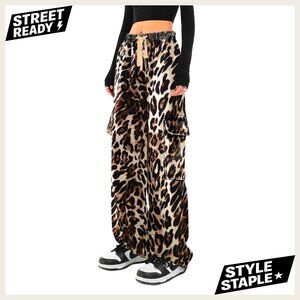 Wide Leg Cargo Pants Women's Cotton Drawstring Streetwear Trousers